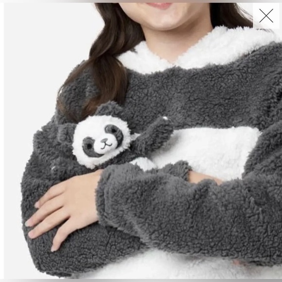 Justice Girls Hooded Sherpa Panda Pajamas 3-Piece PJ Set w/Panda Sleepover Plush - Picture 3 of 10